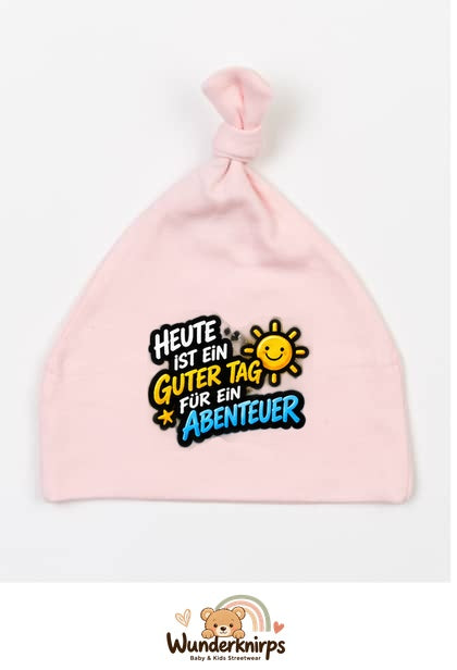 Knotenmütze Babybugz BZ15 in Pastellrosa mit Motiv Ein guter Tag für ein Abenteuer