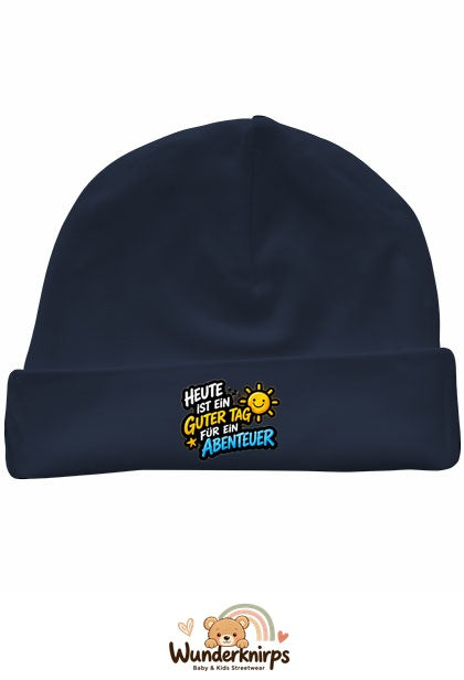 Umschlagmütze Rox-01 in Marineblau mit Motiv Ein guter Tag für ein Abenteuer