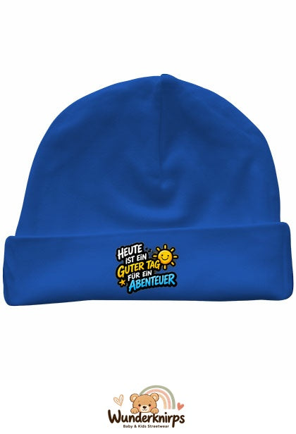Umschlagmütze Rox-01 in Royalblau mit Motiv Ein guter Tag für ein Abenteuer