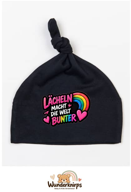 Knotenmütze Babybugz BZ15 in Schwarz mit Motiv Lächeln macht die Welt bunter