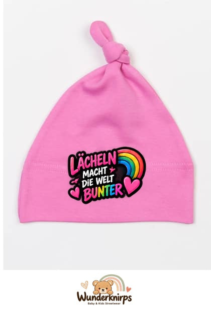 Knotenmütze Babybugz BZ15 in Bubblegum-Pink mit Motiv Lächeln macht die Welt bunter