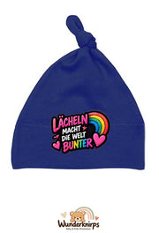 Knotenmütze Babybugz BZ15 in Marineblau mit Motiv Lächeln macht die Welt bunter