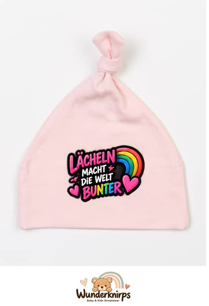 Knotenmütze Babybugz BZ15 in Pastellrosa mit Motiv Lächeln macht die Welt bunter