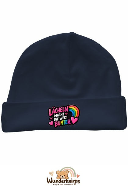 Umschlagmütze Rox-01 in Marineblau mit Motiv Lächeln macht die Welt bunter