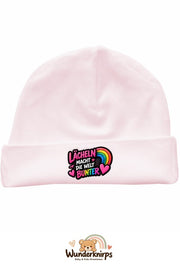 Umschlagmütze Rox-01 in Pastellrosa mit Motiv Lächeln macht die Welt bunter