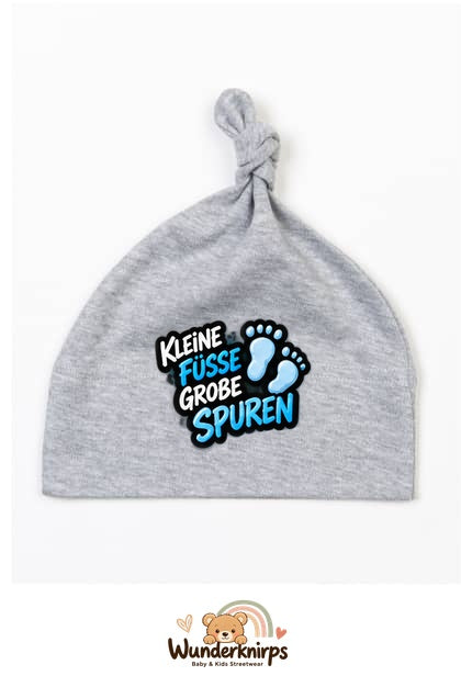 Knotenmütze Babybugz BZ15 in Grau meliert mit Motiv Kleine Füße, große Spuren