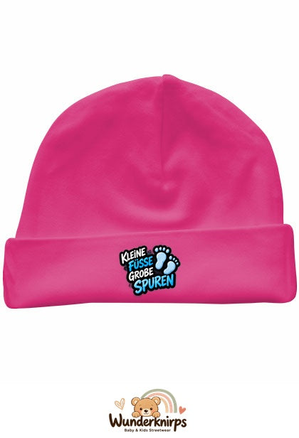 Umschlagmütze Rox-01 in Pink mit Motiv Kleine Füße, große Spuren