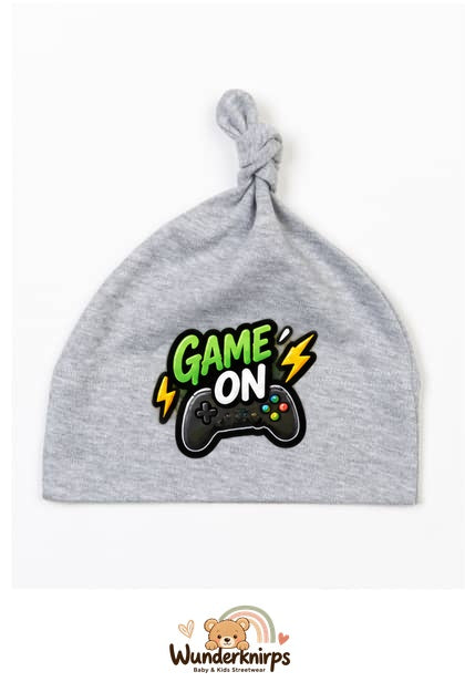 Knotenmütze Babybugz BZ15 in Grau meliert mit Motiv Game On