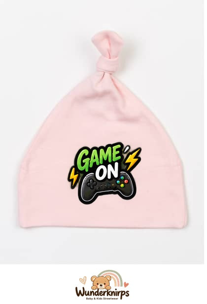 Knotenmütze Babybugz BZ15 in Pastellrosa mit Motiv Game On