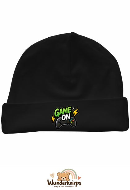 Umschlagmütze Rox-01 in Schwarz mit Motiv Game On