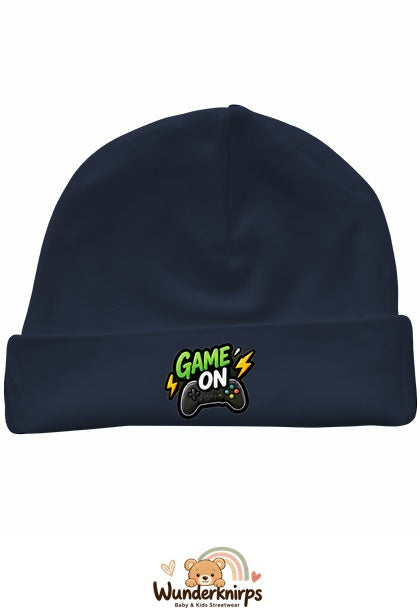 Umschlagmütze Rox-01 in Marineblau mit Motiv Game On