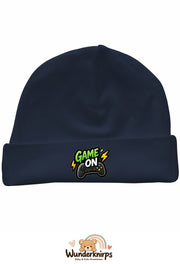 Umschlagmütze Rox-01 in Marineblau mit Motiv Game On