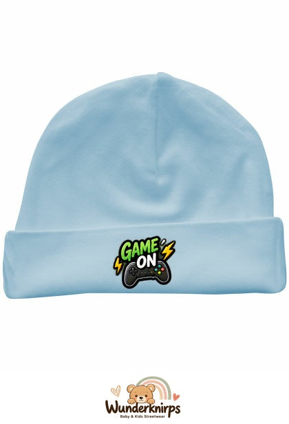 Umschlagmütze Rox-01 in Pastellblau mit Motiv Game On