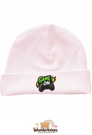 Umschlagmütze Rox-01 in Pastellrosa mit Motiv Game On
