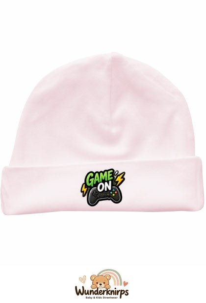 Umschlagmütze Rox-01 in Pastellrosa mit Motiv Game On