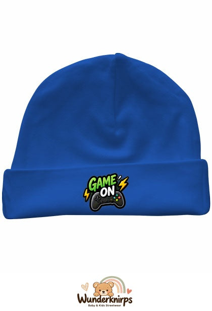 Umschlagmütze Rox-01 in Royalblau mit Motiv Game On