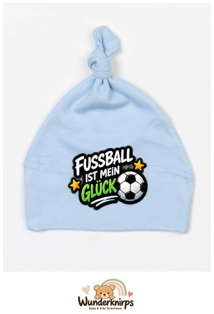 Knotenmütze Babybugz BZ15 in Staubblau mit Motiv Fußball ist mein Glück