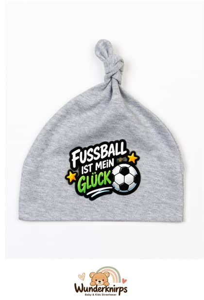 Knotenmütze Babybugz BZ15 in Grau meliert mit Motiv Fußball ist mein Glück