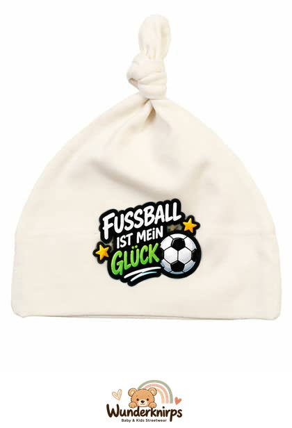 Knotenmütze Babybugz BZ15 in Natur mit Motiv Fußball ist mein Glück