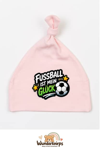 Knotenmütze Babybugz BZ15 in Pastellrosa mit Motiv Fußball ist mein Glück