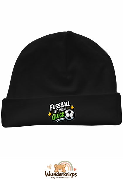 Umschlagmütze Rox-01 in Schwarz mit Motiv Fußball ist mein Glück