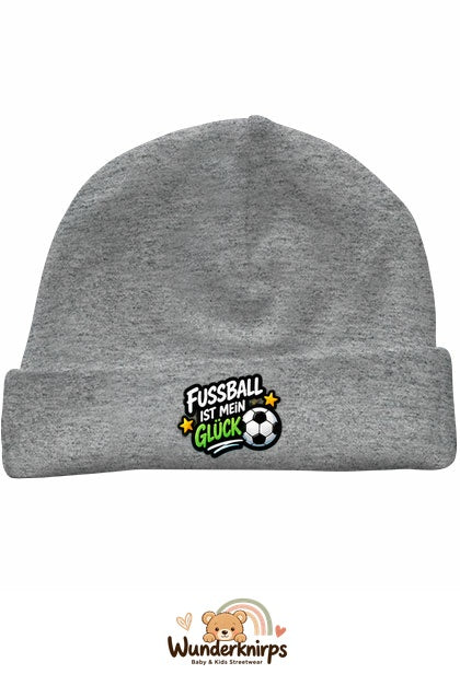 Umschlagmütze Rox-01 in Grau meliert mit Motiv Fußball ist mein Glück