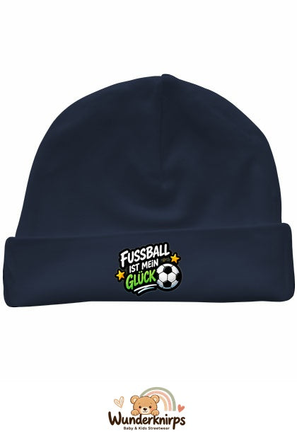 Umschlagmütze Rox-01 in Marineblau mit Motiv Fußball ist mein Glück