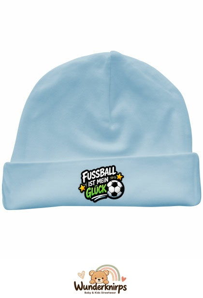 Umschlagmütze Rox-01 in Pastellblau mit Motiv Fußball ist mein Glück