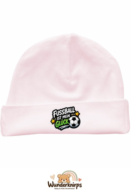 Umschlagmütze Rox-01 in Pastellrosa mit Motiv Fußball ist mein Glück
