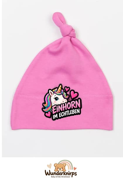 Knotenmütze Babybugz BZ15 in Bubblegum-Pink mit Motiv Einhorn im Echtleben