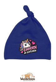 Knotenmütze Babybugz BZ15 in Marineblau mit Motiv Einhorn im Echtleben