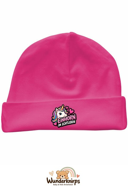 Umschlagmütze Rox-01 in Pink mit Motiv Einhorn im Echtleben