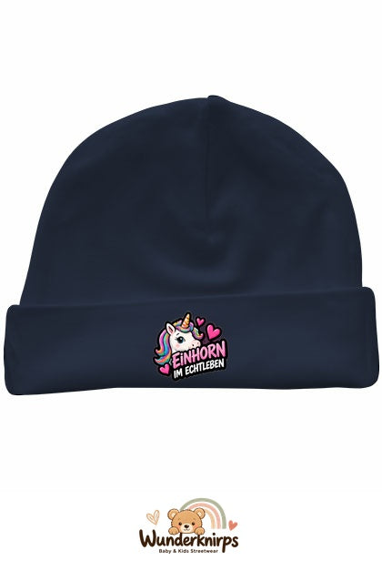 Umschlagmütze Rox-01 in Marineblau mit Motiv Einhorn im Echtleben