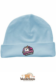 Umschlagmütze Rox-01 in Pastellblau mit Motiv Einhorn im Echtleben