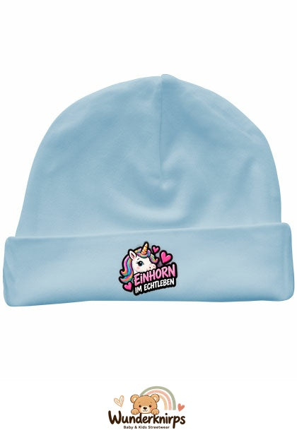 Umschlagmütze Rox-01 in Pastellblau mit Motiv Einhorn im Echtleben