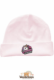 Umschlagmütze Rox-01 in Pastellrosa mit Motiv Einhorn im Echtleben