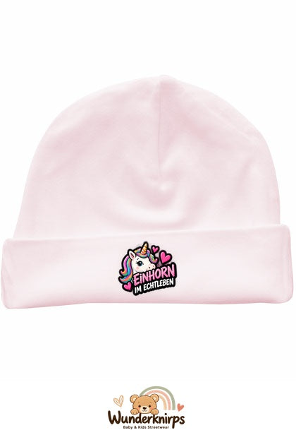 Umschlagmütze Rox-01 in Pastellrosa mit Motiv Einhorn im Echtleben