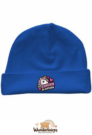 Umschlagmütze Rox-01 in Royalblau mit Motiv Einhorn im Echtleben