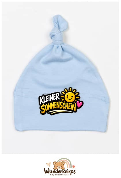 Knotenmütze Babybugz BZ15 in Staubblau mit Motiv Kleiner Sonnenschein
