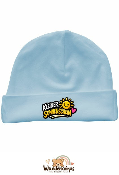 Umschlagmütze Rox-01 in Pastellblau mit Motiv Kleiner Sonnenschein
