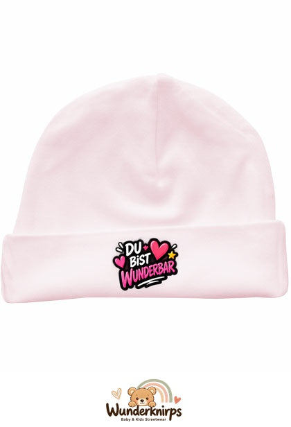 Umschlagmütze Rox-01 in Pastellrosa mit Motiv Du bist wunderbar