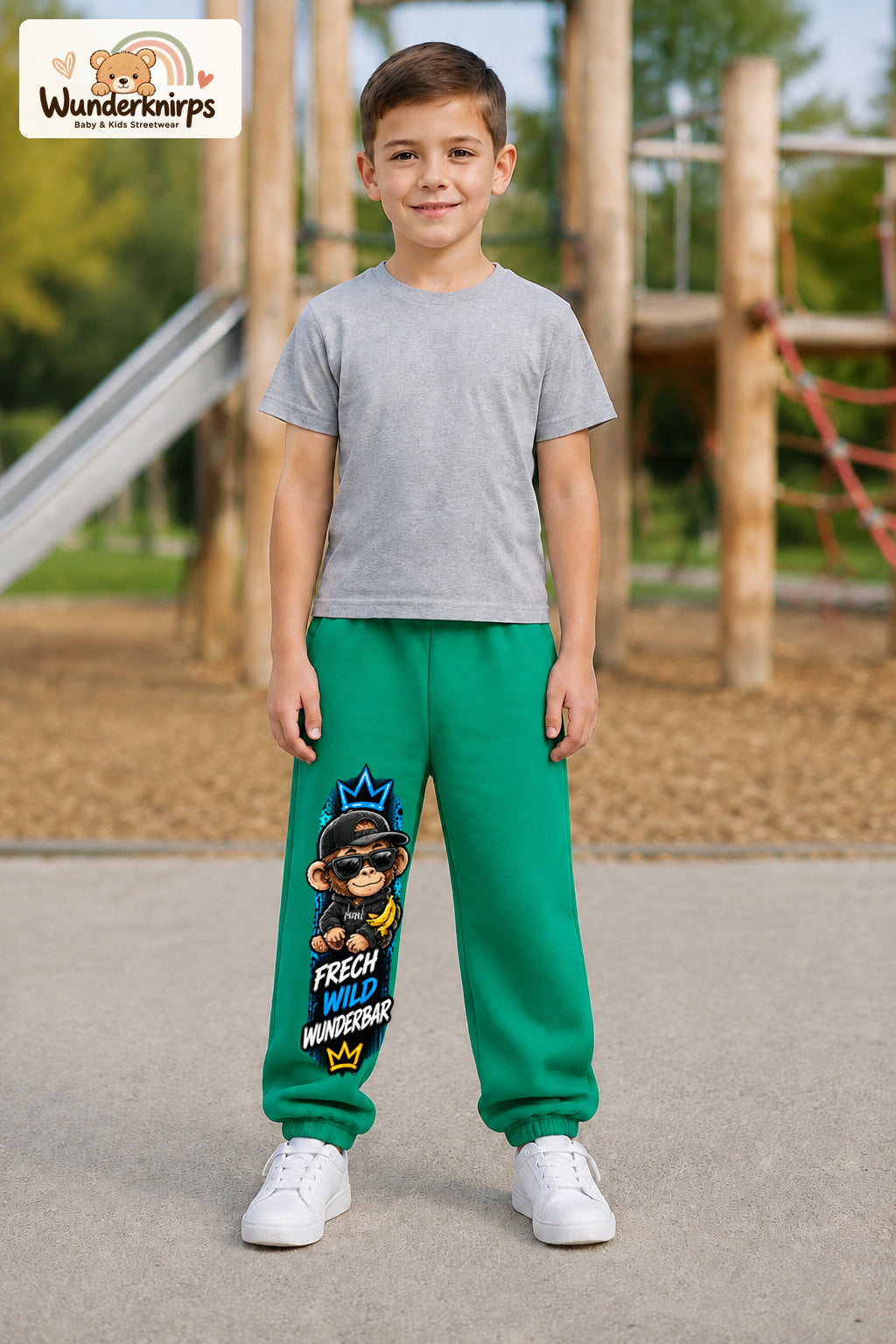 Junge trägt grüne Jogginghose mit Frech wild Affe-Print, von vorn auf dem Spielplatz.