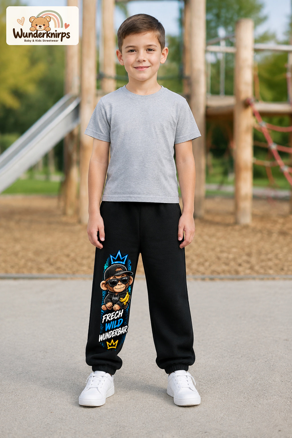 Junge trägt schwarze Jogginghose mit Frech wild Affe-Print, von vorn auf dem Spielplatz.