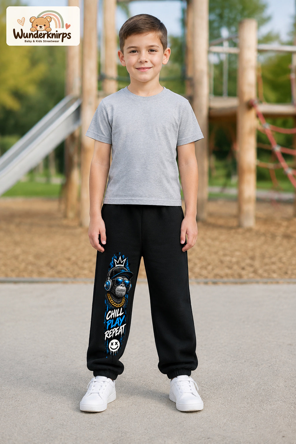 Junge trägt schwarze Jogginghose mit Chill Play Affe-Print, von vorn auf dem Spielplatz.