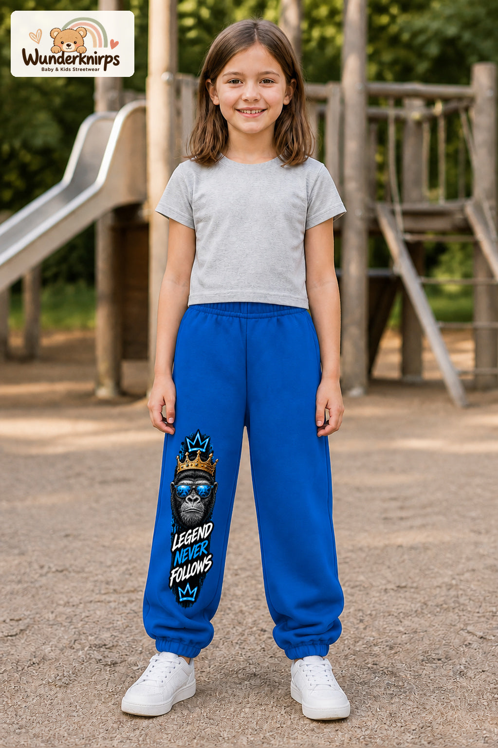 Mädchen trägt blaue Jogginghose mit Legend Never Follows-Print, von vorn auf dem Spielplatz.