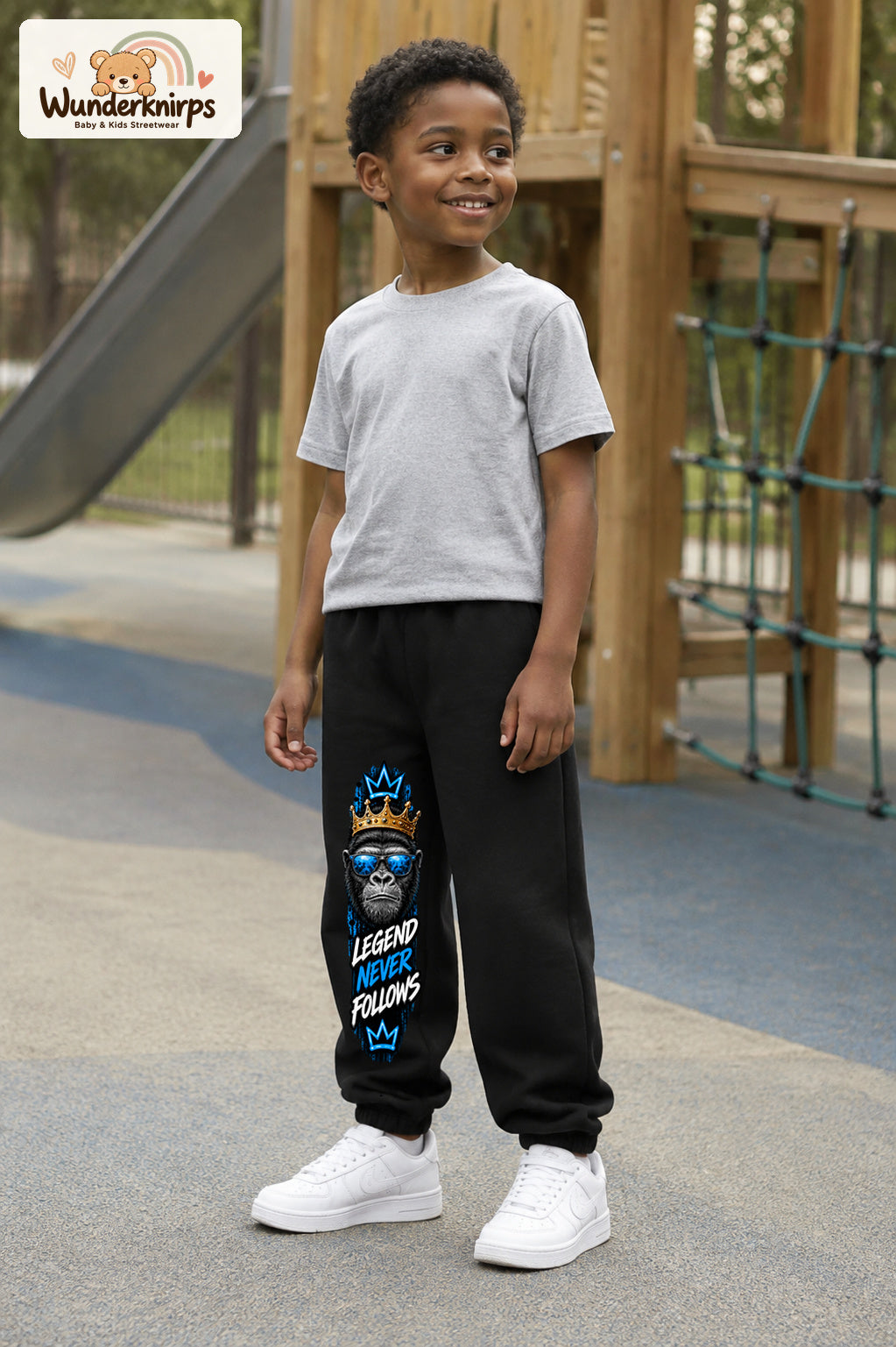 Junge trägt schwarze Jogginghose mit Legend Never Follows-Print, leicht seitlich auf dem Spielplatz.