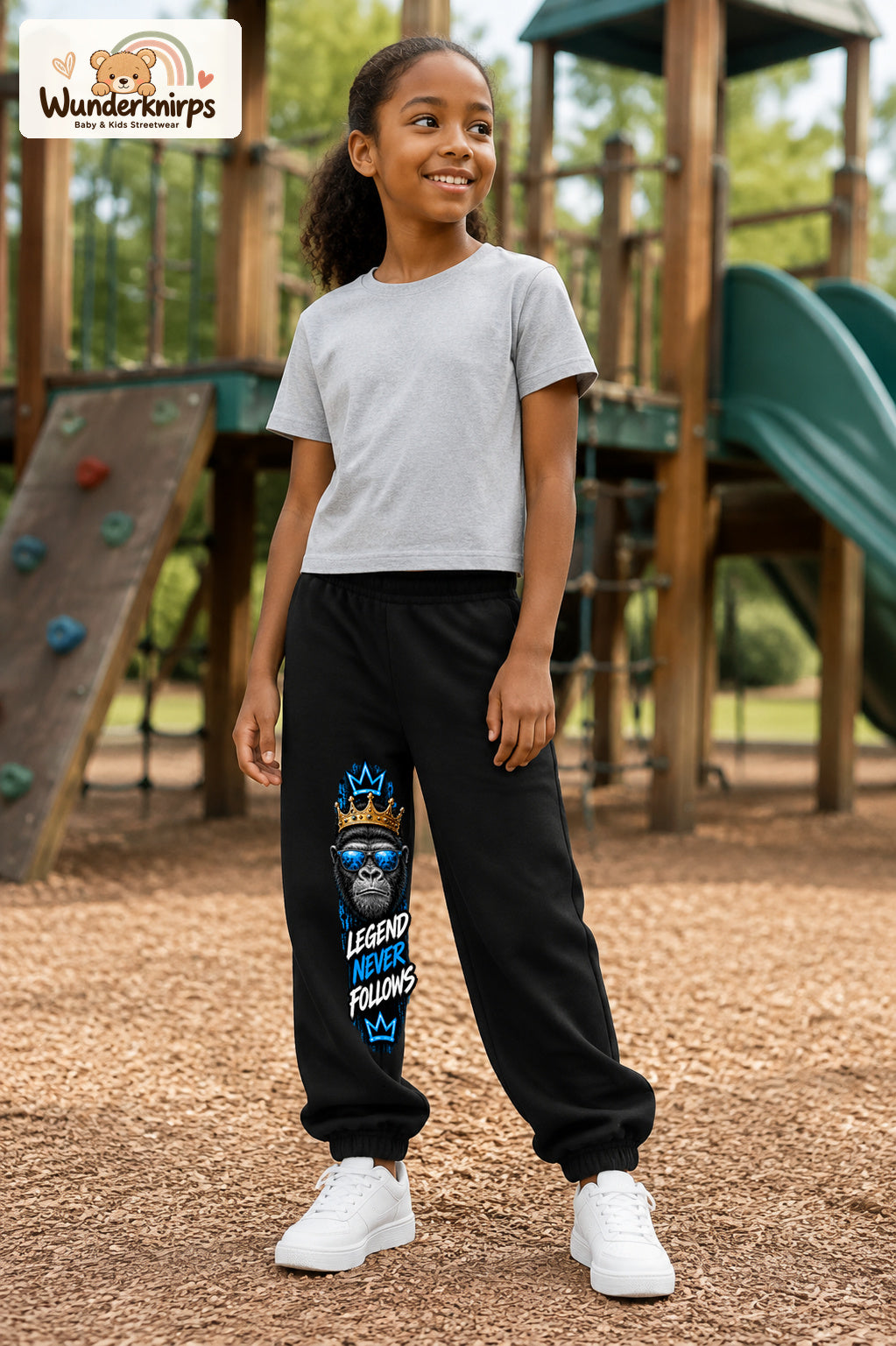 Mädchen trägt schwarze Jogginghose mit Legend Never Follows-Print, leicht seitlich auf dem Spielplatz.