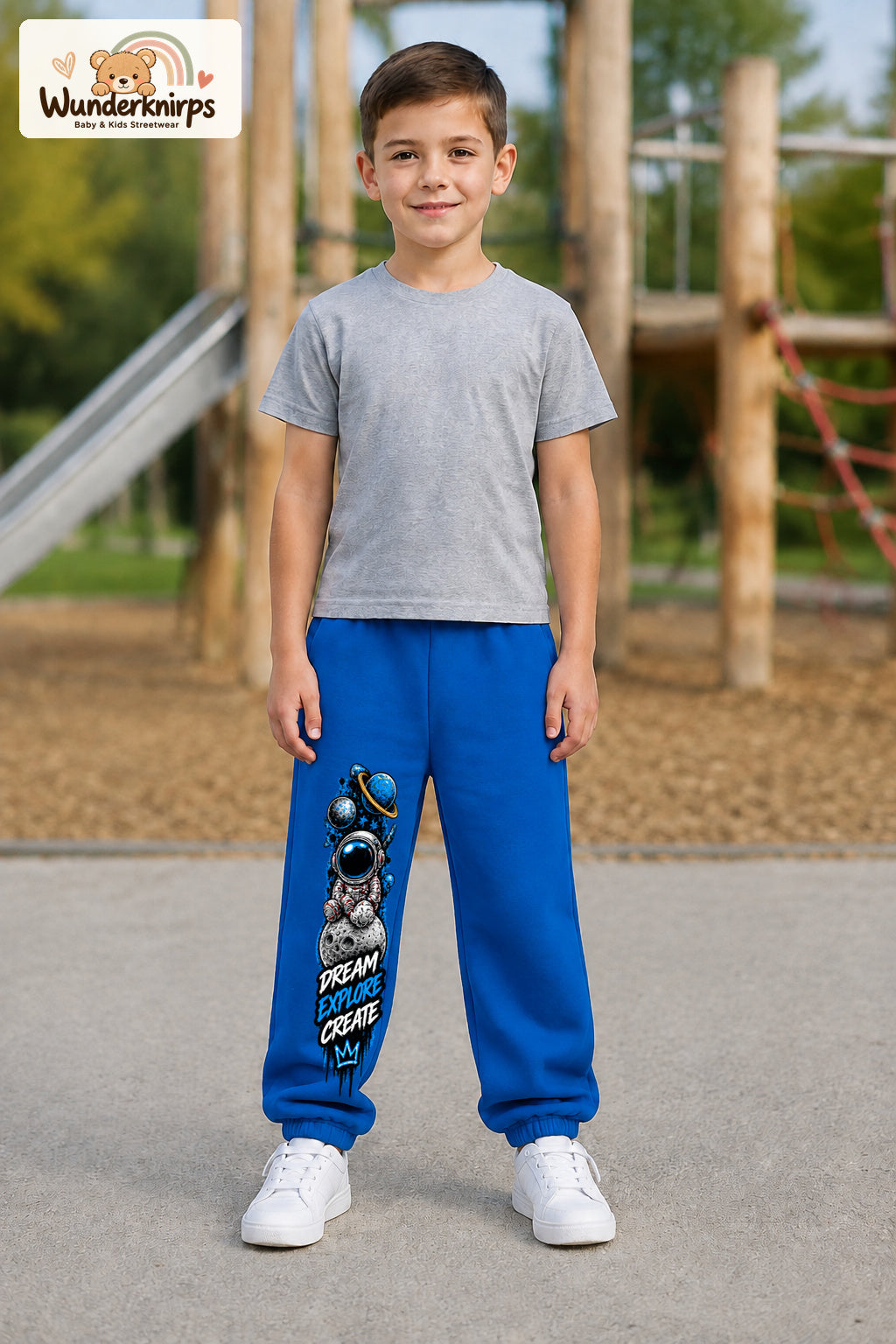 Junge trägt blaue Jogginghose mit Dream Explore Create-Print, von vorn auf dem Spielplatz.