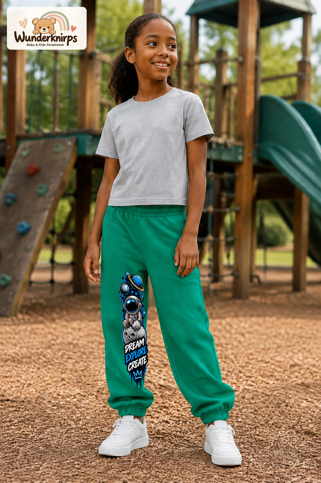 Mädchen trägt grüne Jogginghose mit Dream Explore Create-Print, leicht seitlich auf dem Spielplatz.