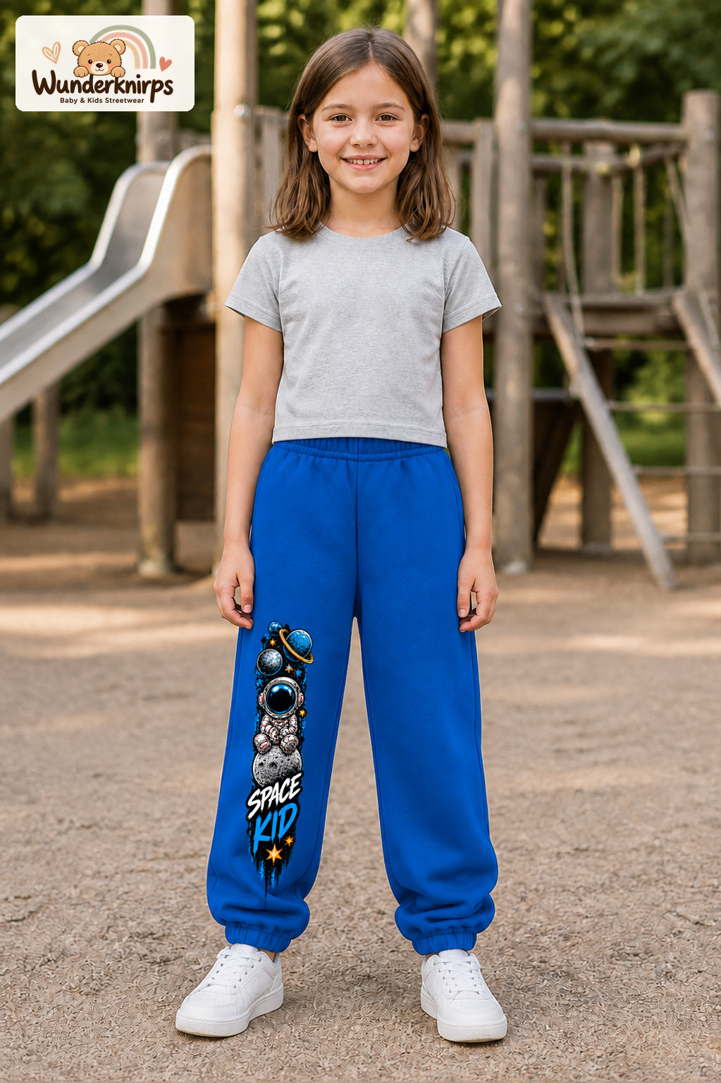 Mädchen trägt blaue Jogginghose mit Space Kid Mondreise-Print, von vorn auf dem Spielplatz.